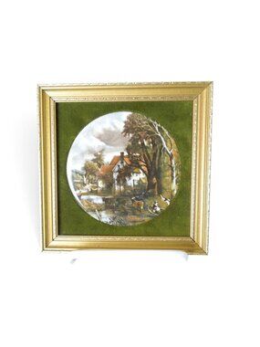 Vintage Healacraft England Framed Ceramic Landscape Plaque Velvet Decor 5"